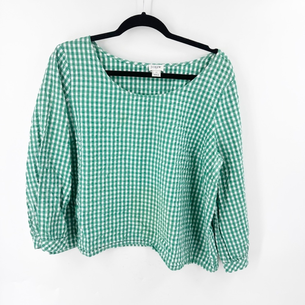 J. Crew Factory Green and White Gingham Scoop Neck Blouse 2X